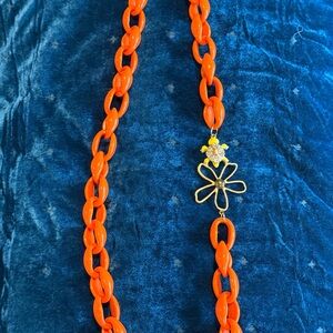 Unique Vintage Bright Coral Chain Necklace with Gold Flower & Turtle Pendant